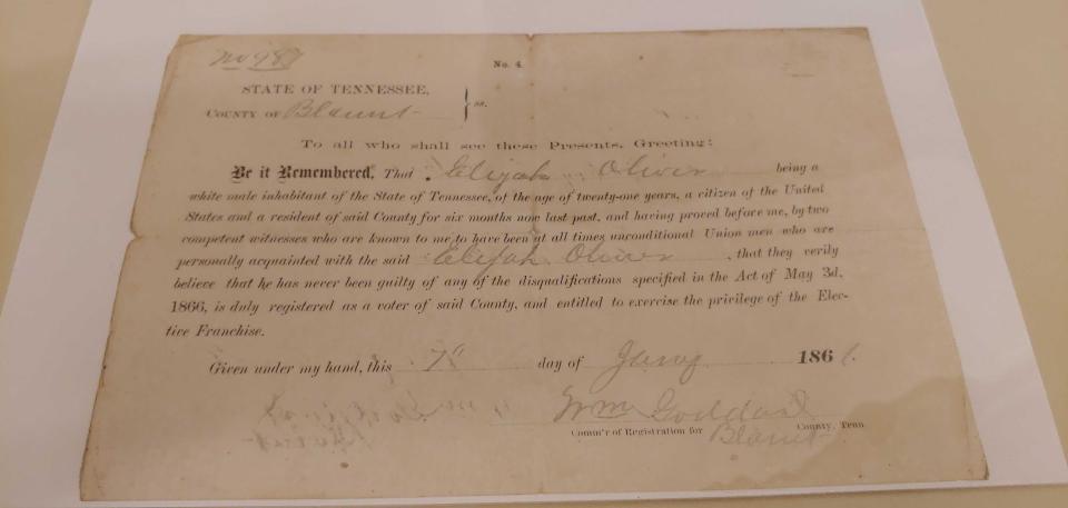 After the Civil War, the Tennessee state legislature passed a law that in order to vote in elections a person had to be a male over the age of 21 and had to provide proof that they had in no way been connected to the Confederacy. Documents issued to Elijah Oliver provided that proof.