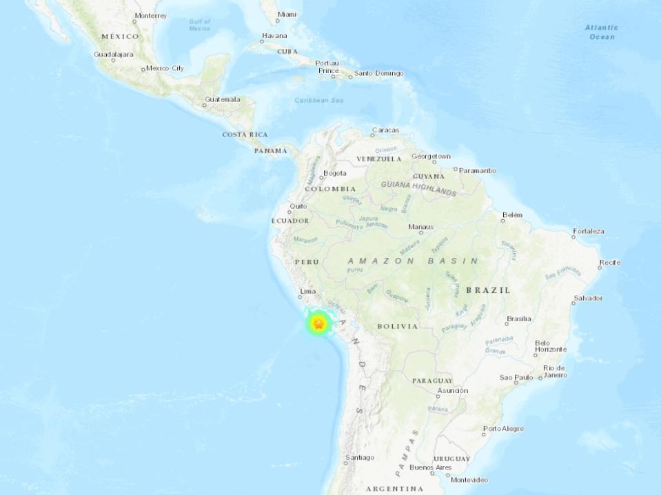 秘魯外海28日發生規模7.2地震，震央為標示處。（圖取自美國地質調查所網站）