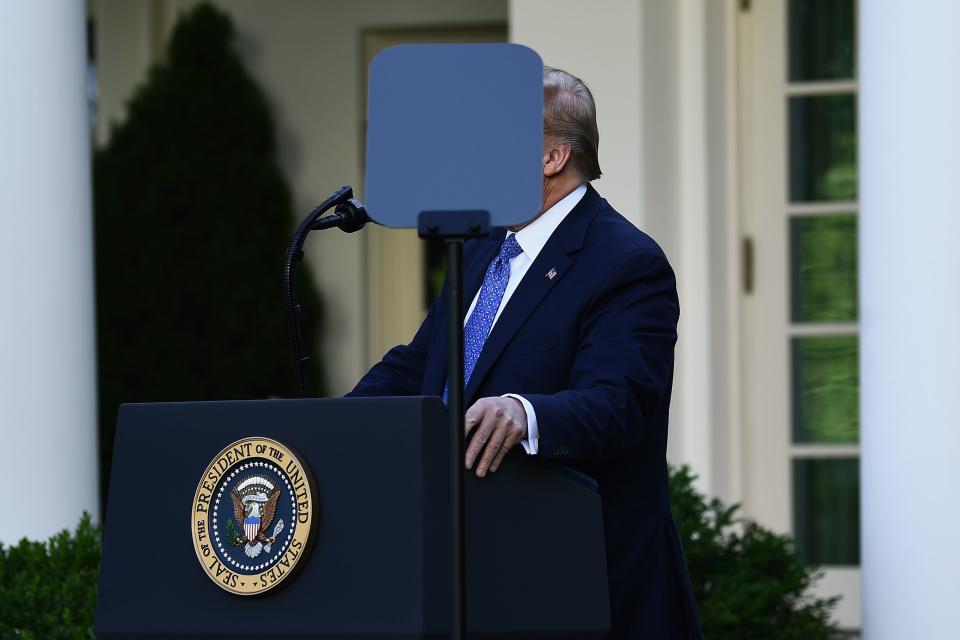 US President Donald Trump delivers remarks in front of the media in the Rose Garden of the White House in Washington, DC on June 1, 2020. - US President Donald Trump was due to make a televised address to the nation on Monday after days of anti-racism protests against police brutality that have erupted into violence. The White House announced that the president would make remarks imminently after he has been criticized for not publicly addressing in the crisis in recent days. (Photo by Brendan Smialowski / AFP) (Photo by BRENDAN SMIALOWSKI/AFP via Getty Images)