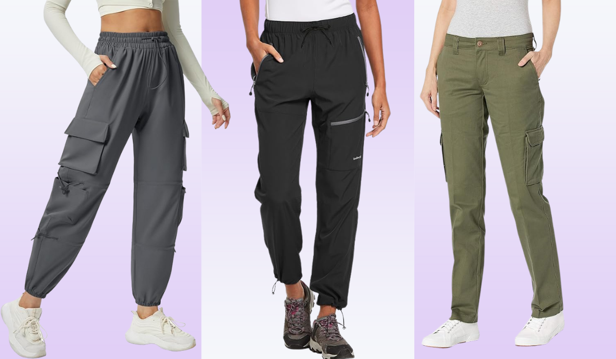 women wearing different styles of cargo pants in dark gray, black, and olive green