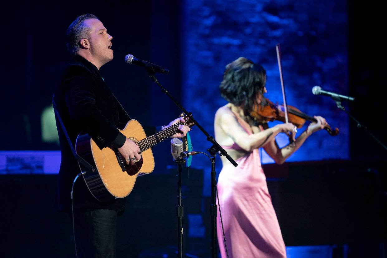 Jason Isbell and Amanda Shires perform during the Americana Music Association Awards ceremony at the Ryman Auditorium Wednesday, Sept. 22, 2021 in Nashville, Tenn. 