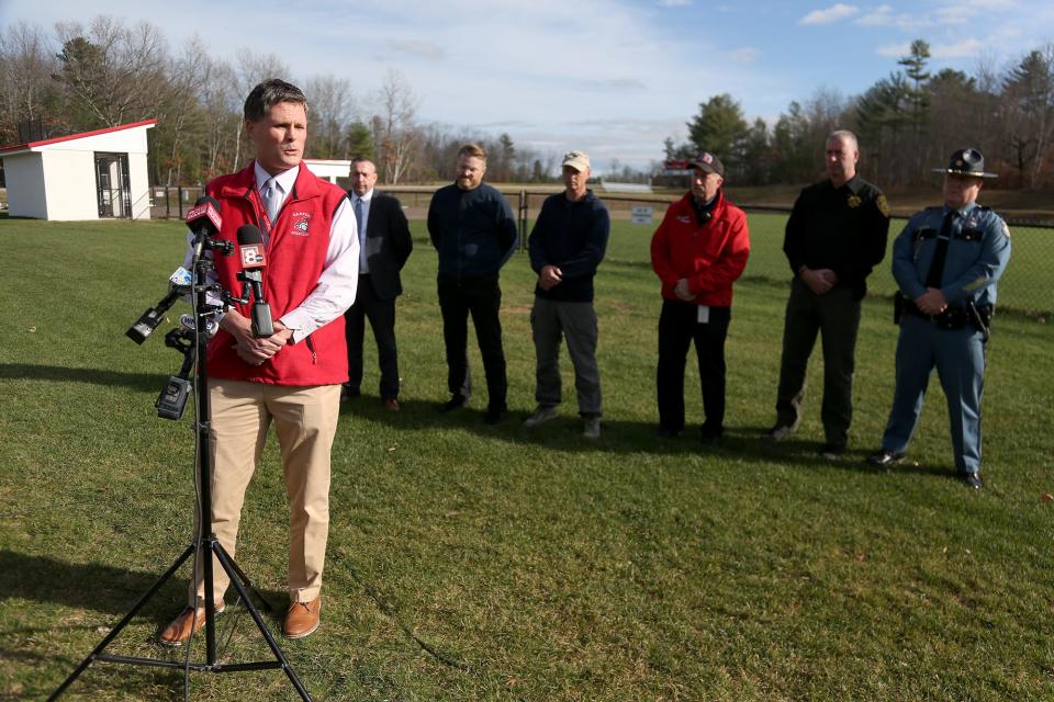 Sanford Superintendent of Schools Matt Nelson speaks during a press conference Tuesday, Nov. 15, 2022 in Sanford along with law enforcement officials hours after a hoax school shooting call report.