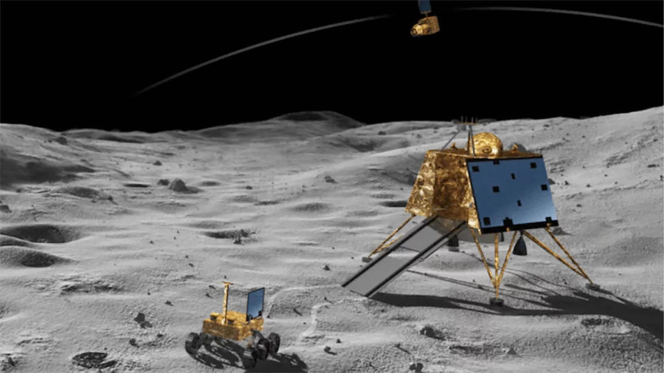An artist's impression of the Chandrayaan-3 lander with its small rover deployed on the lunar surface. / Credit: ISRO/Indian Defence Network
