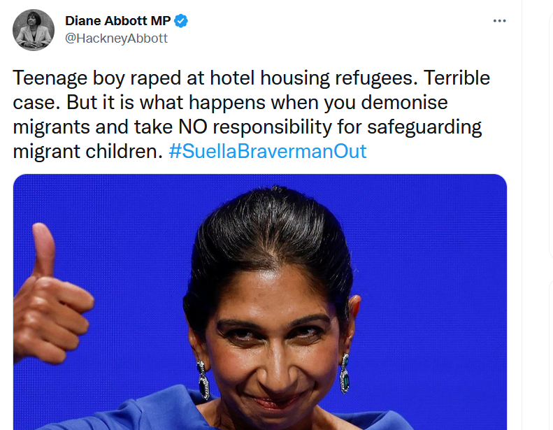 Diane Abbott's tweet blaming the government for a reported child rape in a hotel housing asylum seekers. (@HackneyAbbott/Twitter)