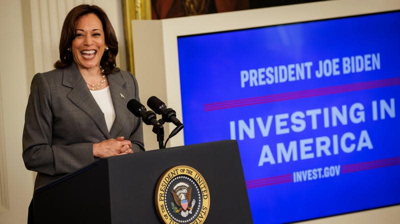 Vice President Kamala Harris speaks during an event highlighting the administrations investment in high-speed internet access in the East Room of the White House June 26, 2023 in Washington, D.C. The Biden Administration is kicking off the next phase in their Investing in America tour. 