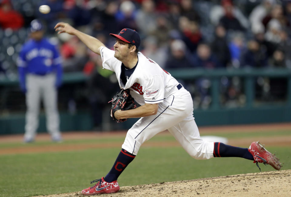 Cleveland Indians starting pitcher Trevor Bauer delivers in the sixth inning of a baseball game against the Toronto Blue Jays, Thursday, April 4, 2019, in Cleveland. (AP Photo/Tony Dejak)