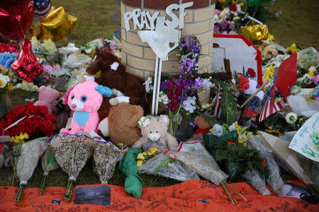 A makeshift memorial left in memory of the victims killed in a shooting at Santa Fe High School, is pictured in Santa Fe, Texas, U.S., May 23, 2018. REUTERS/Loren Elliott