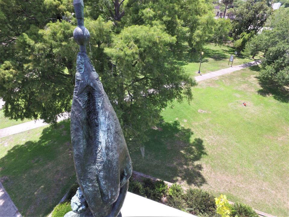 A photo shows a star near the top of a Confederate flag that is part of a monument that has stood since 1915 in Springfield Park in Jacksonville. City Council member Matt Carlucci, who wants the city to move the monument from the park, used a drone to take up-close photos of the flag's design.