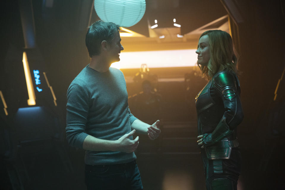 Co-director Ryan Fleck and Brie Larson on the set of <em>Captain Marvel</em> (Photo: Chuck Zlotnick / Marvel Studios)