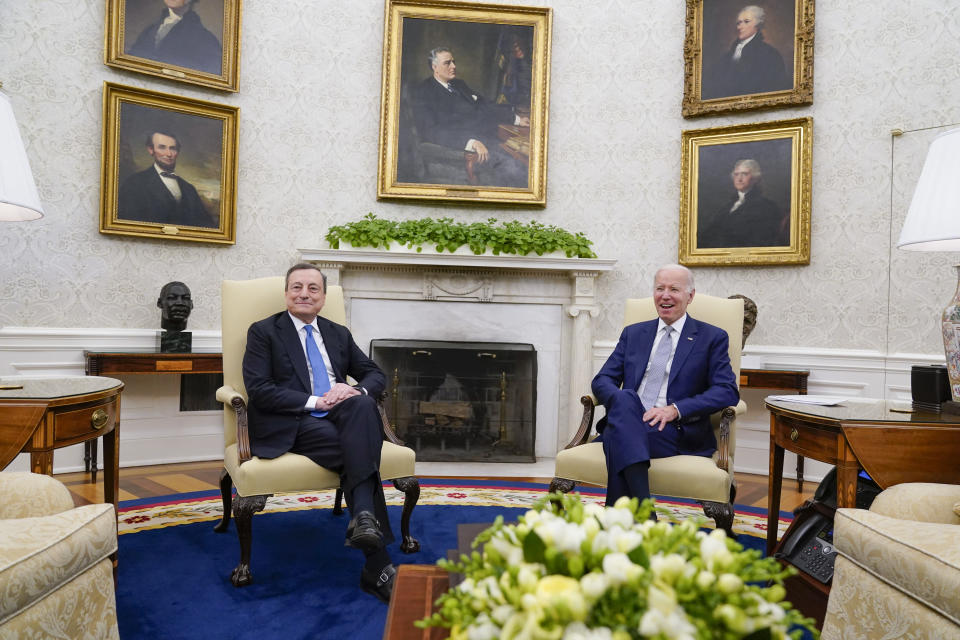 President Joe Biden and Italy's Prime Minister Mario Draghi meet in the Oval Office of the White House, Tuesday, May 10, 2022, in Washington. (AP Photo/Manuel Balce Ceneta)