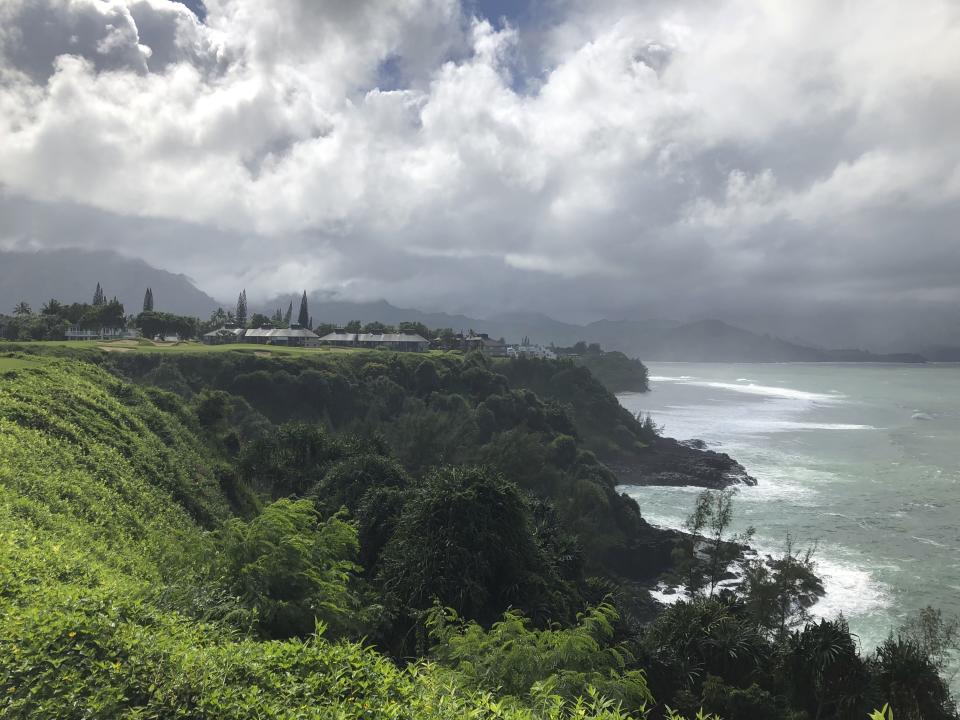 In this Nov. 16, 2018, the seventh hole at the Princeville Makai Club in Princeville, Hawaii juts out into the Pacific Ocean on the north shore of Kauai. The dramatic hole is one of six along the Pacific Ocean at Makai. (AP Photo/John Marshall)