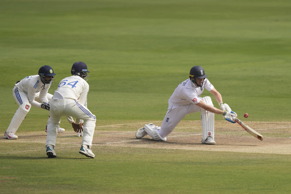 England's Zak Crawley plays a shot on the third day of the first cricket test match between England and India in Hyderabad, India, Saturday, Jan. 27, 2024. (AP Photo/Mahesh Kumar A.)