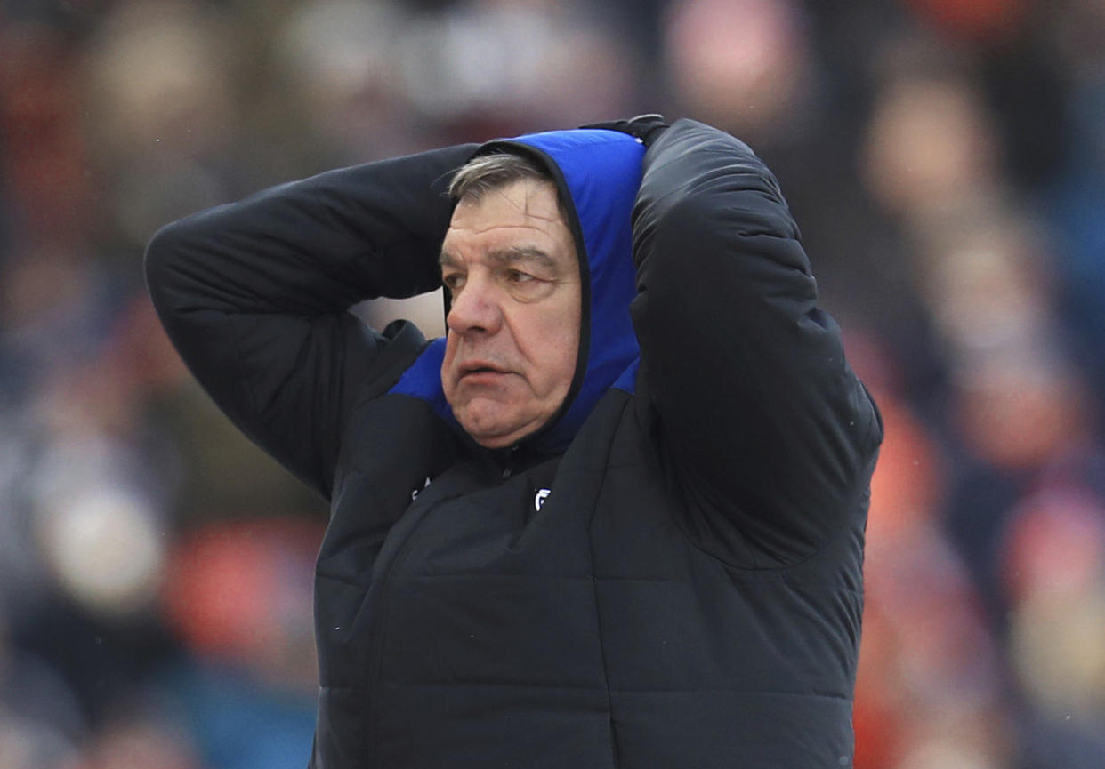 Everton manager Sam Allardyce gestures, during the English Premier League soccer match between Stoke City and Everton, at the bet365 Stadium, in Stoke, England, Saturday March 17, 2018. (Mike Egerton/PA via AP)