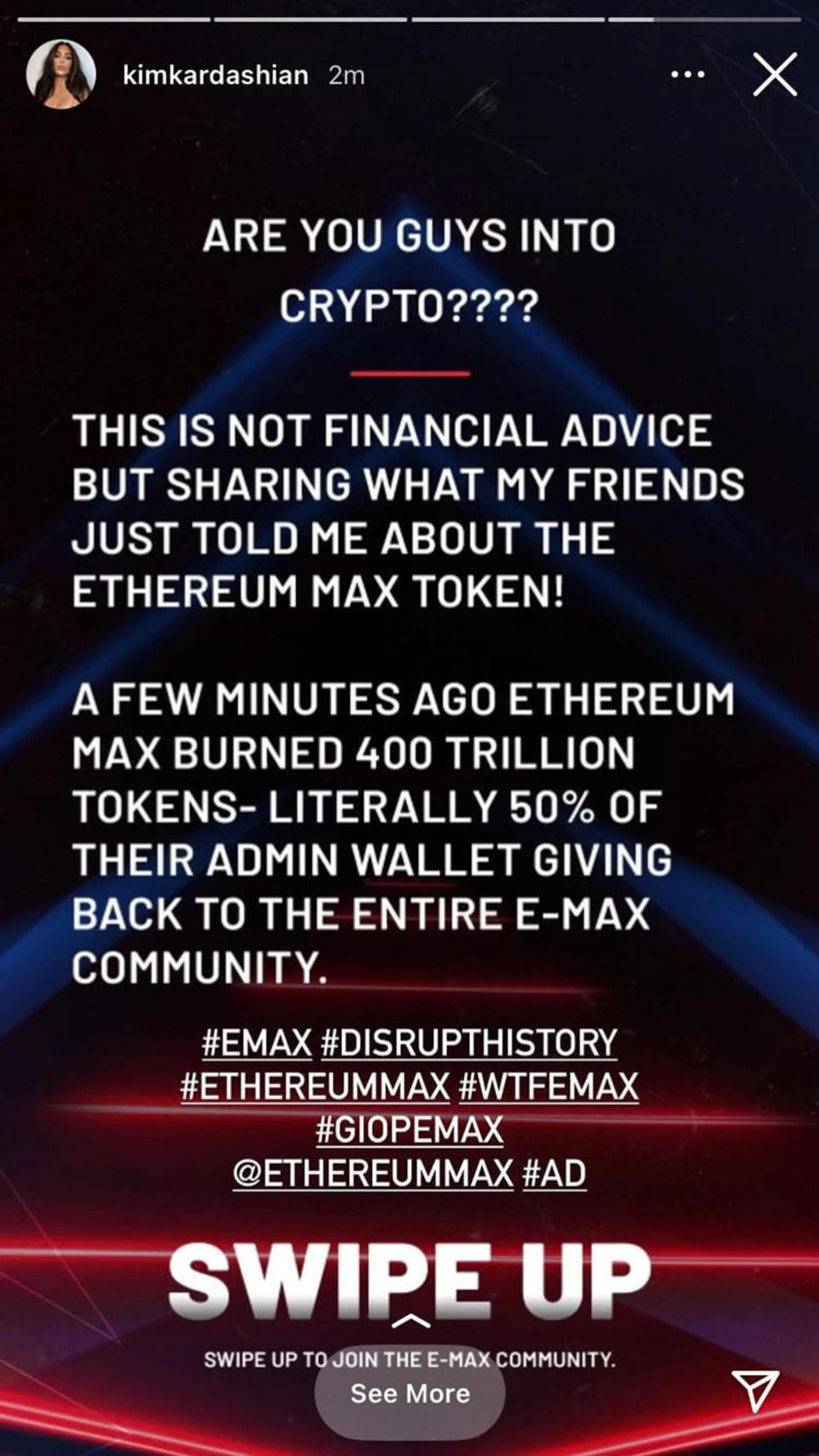 Kim Kardashian a fait la promotion de la crypto-monnaie Ethereum Max sur son compte Instagram en juin.