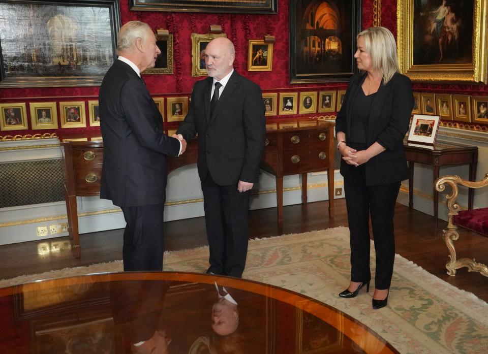 The King meets Northern Ireland Assembly Speaker Alex Maskey (Niall Carson/PA) (PA Wire)