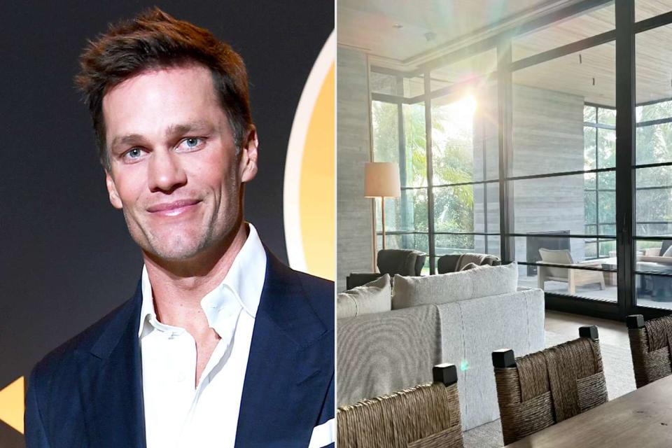 <p>Denise Truscello/Getty; Tom Brady/Instagram</p> Tom Brady (left) shared a photo to his Instagram Story of his Miami Mansion (right) on Friday.