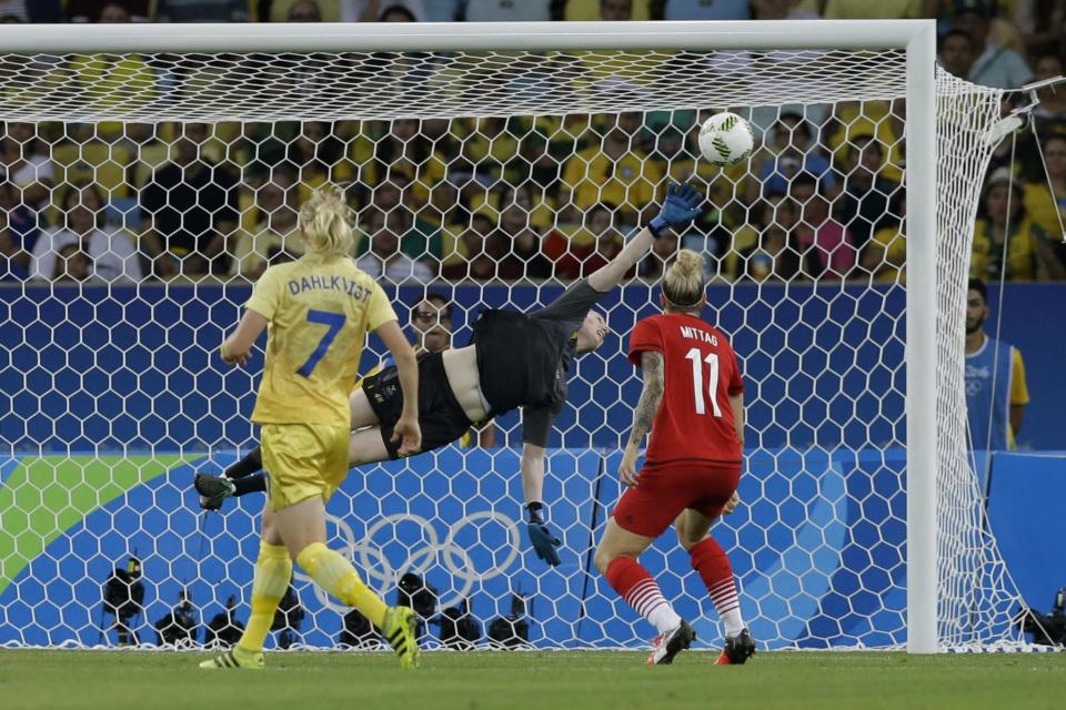 <p>Sweden goalkeeper Hedvig Lindahl fails to stop a shoot on goal by Germany’s Dzsenifer Marozsan during the final match of the women’s Olympic football tournament between Germany and Sweden at the Maracana stadium in Rio de Janeiro, Brazil, Friday Aug. 19, 2016. Germany won the gold medal after beating Sweden 2-1. (AP Photo/Leo Correa) </p>