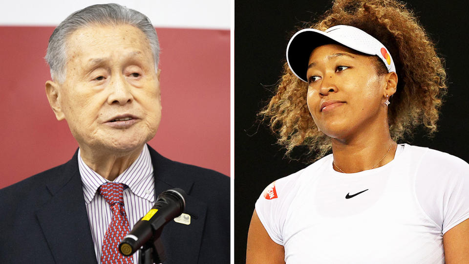 Naomi Osaka (pictured) after a point at the Melbourne Summer Series and Olympic chief organiser Yoshiro Mori (pictured left) during a press conference.