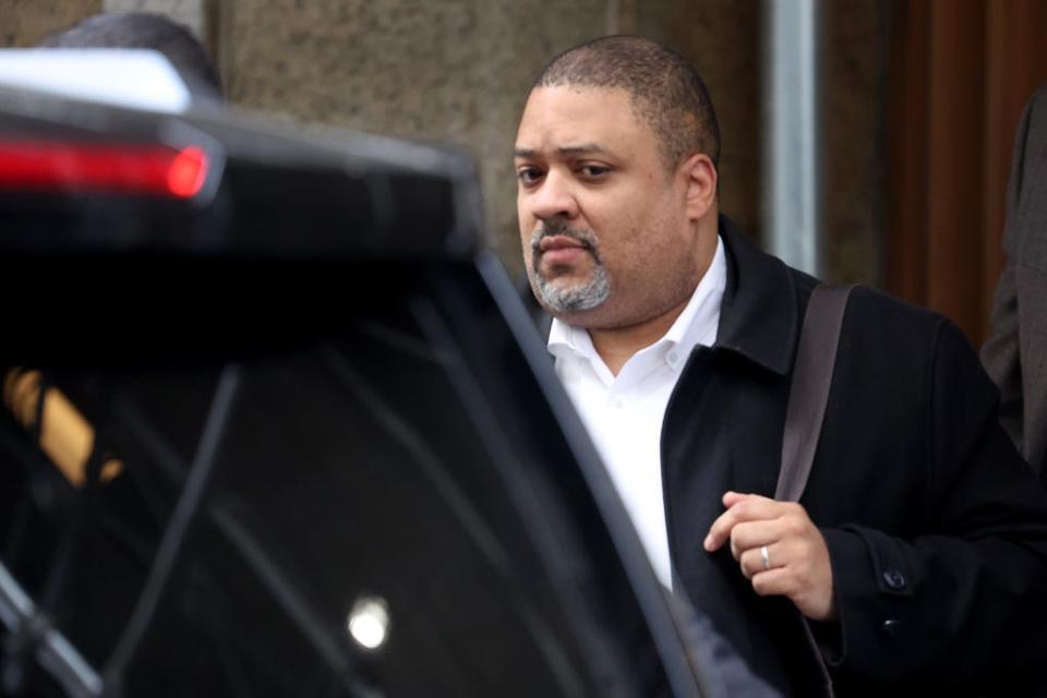 Manhattan District Attorney Alvin Bragg leaves his office as the grand jury continues to hear evidence against former President Donald Trump on March 22, 2023 in New York City.