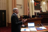 State Sen. Roger Niello, R-Fair Oaks, vice chairman of the Senate Budget and Fiscal Review Committee, urges members to reject a measure to reduce the state budget deficit at the Capitol in Sacramento, Calif., Thursday,, April 11, 2024. Calling it crisis budgeting with optimism Niello and other Republican lawmakers say the bill only delays dealing with the budget deficit. Both houses approved the bill that takes a number of steps to reduce the state budget deficit by about $17 billion. Gov. Gavin Newsom has said the deficit is about $38 billion.(AP Photo/Rich Pedroncelli)