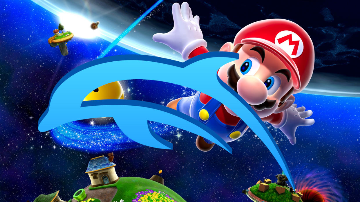  Dolphin emulator logo over Mario Galaxy 