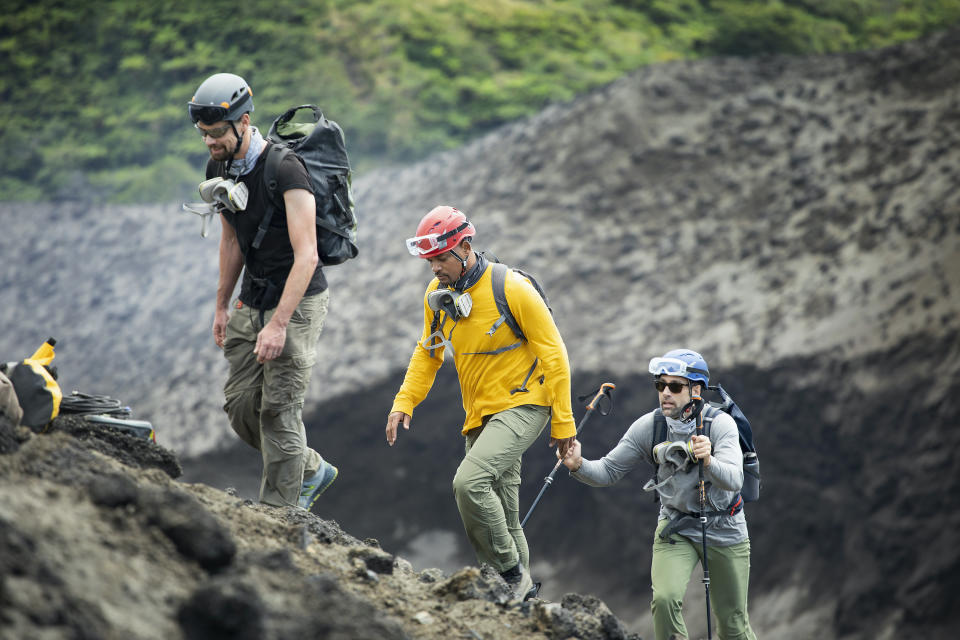 This image released by Disney+ shows Will Smith, center, in a scene from the National Geographic nature series "Welcome to Earth." (Disney+ via AP)