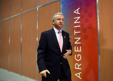 Chile's Finance Minister Felipe Larrain arrives for a news conference at the G20 Meeting of Finance Ministers in Buenos Aires, Argentina, March 19, 2018. REUTERS/Marcos Brindicci