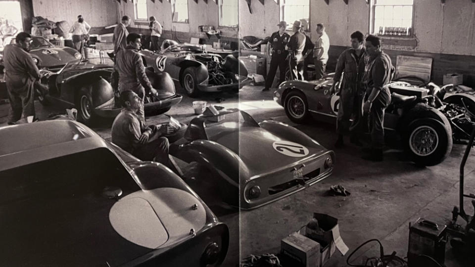 A photo of Ferrari factory team cars receiving last-minute attention at the 12 Hours of Sebring in 1964, from the book "The Archaeological Automobile" by Miles C. Collier. 