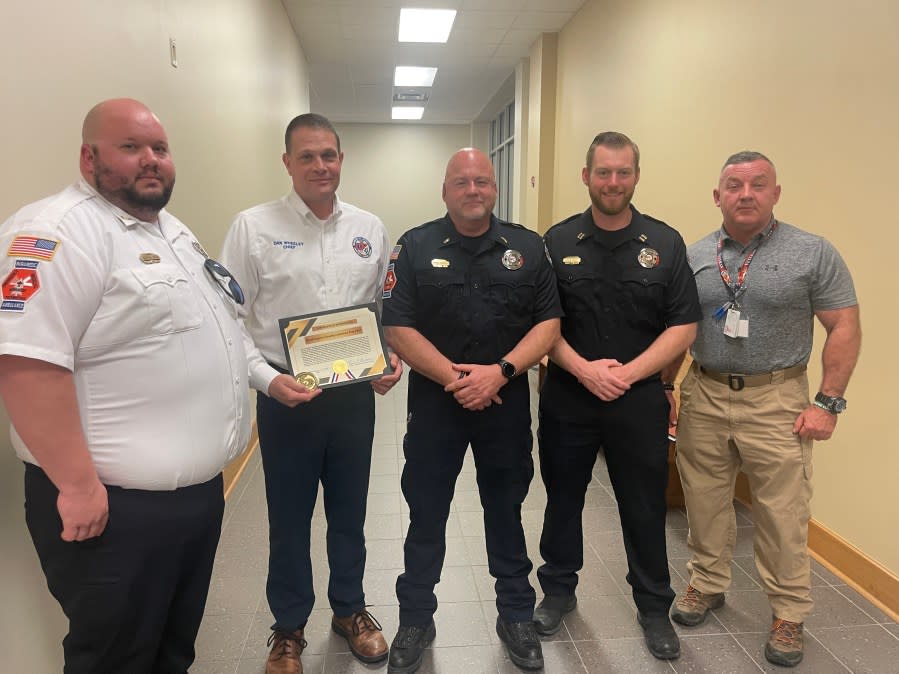 Pictured left to right: Washington County EMS Deputy Chief Brandon Archer, Chief Dan Wheeley, Lt. Stephen Turbyfield, and Captain Logun Shell were recognized along with their teams at the meeting on Monday.