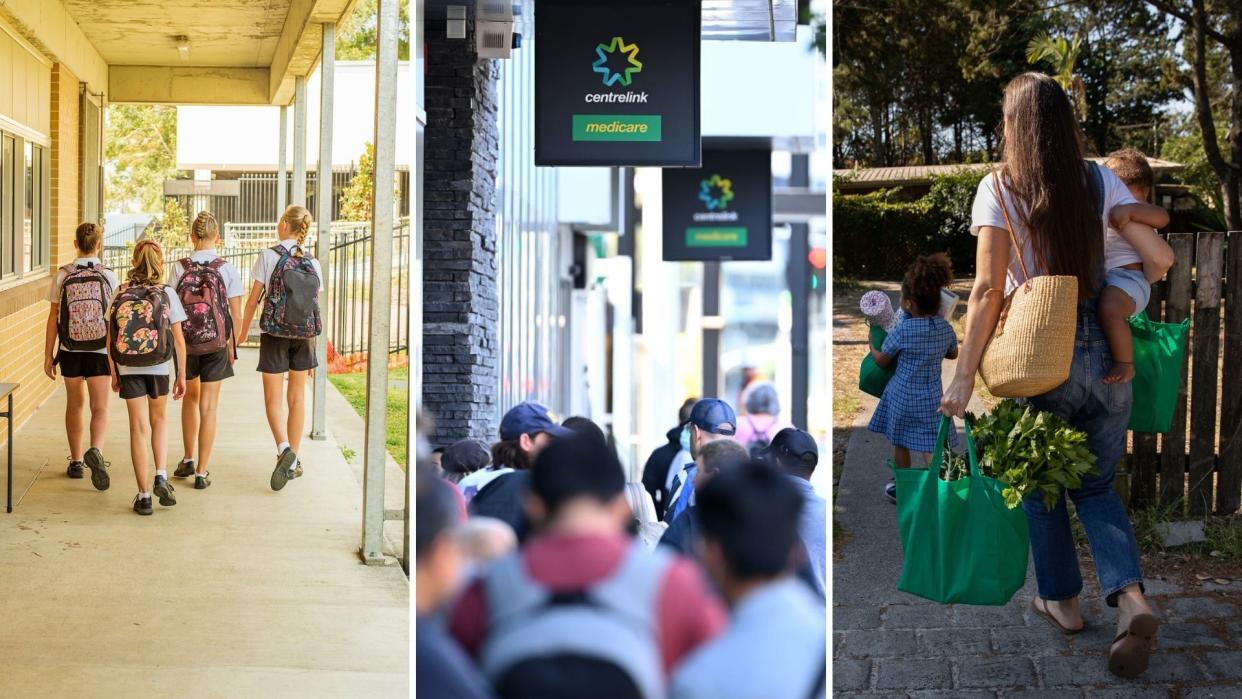 Pictured: Australian public school students, JobSeekers waiting outside Centrelink, Australian woman with children. Images: Getty