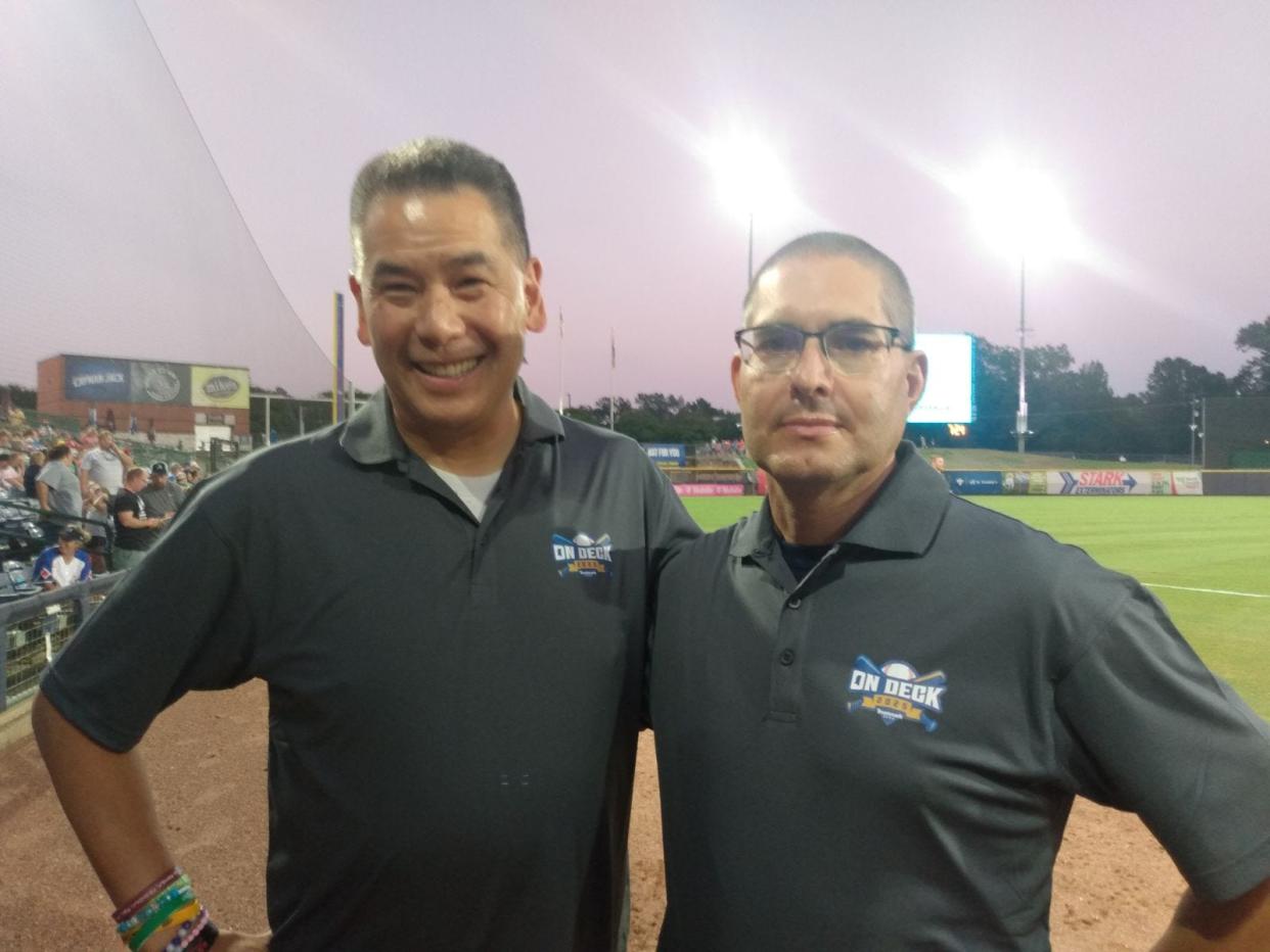 The new owner of the yet-to-be-named Frontier League baseball team that will call Trustmark Park in Pearl home next year is Joe Eng, left. He appeared at Saturday night's Mississippi Braves game with league Commissioner Steve Tahsler, right.