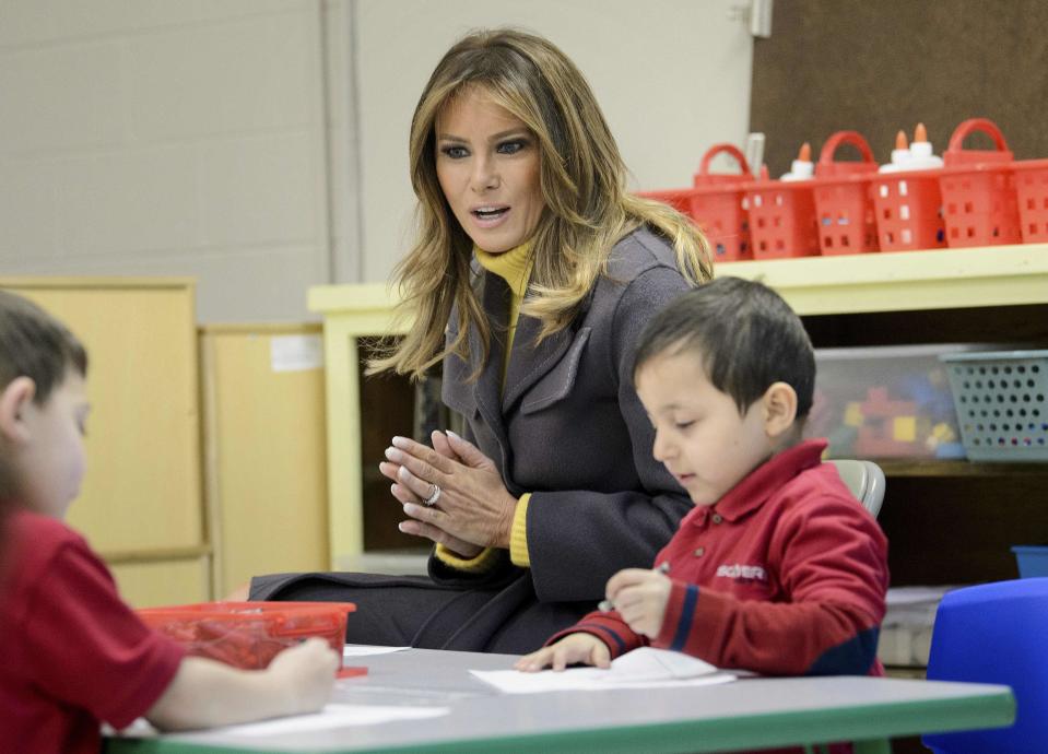 First lady Melania Trump visits a prekindergarten class at the Dove School of Discovery on March 4, 2019 in Tulsa, Oklahoma.