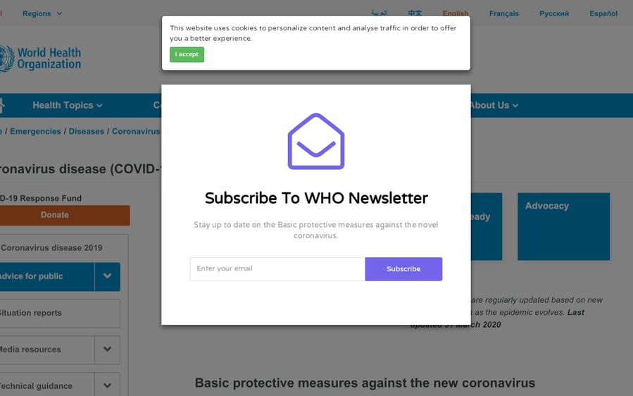 An example of how the hackers have posed as the WHO encouraging people to sign up for the latest information on the pandemic - Alphabet