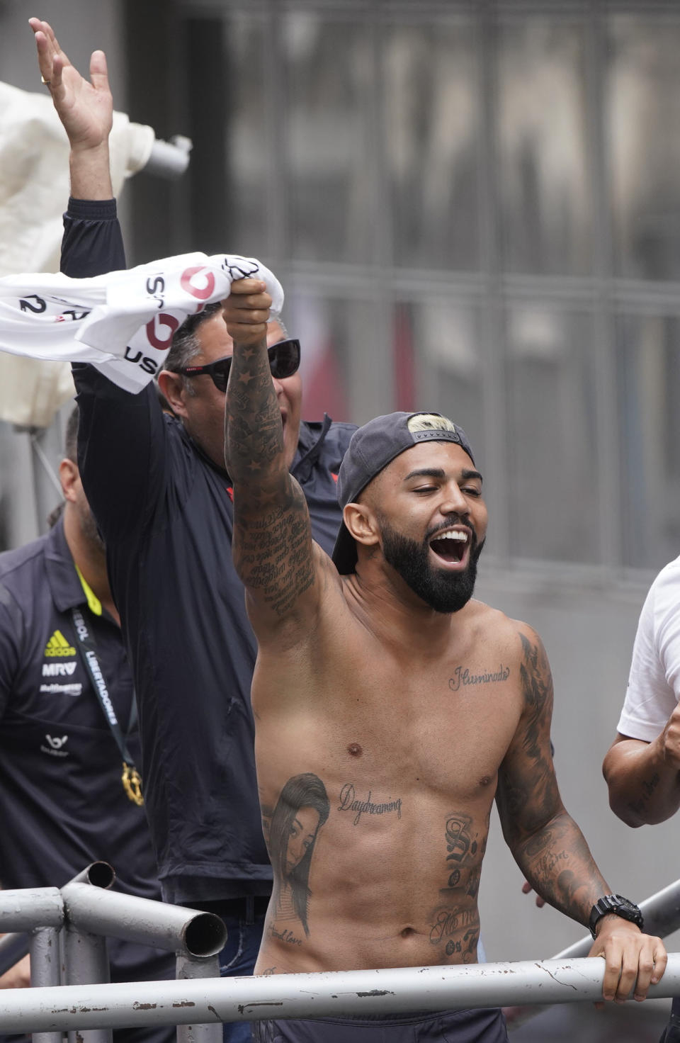 Gabriel of Brazil's Flamengo and teammates parade at their arrival in Rio de Janeiro, Brazil, Sunday, Nov. 24, 2019. Flamengo overcame Argentina's River Plate 2-1 in the Copa Libertadores final match on Saturday in Lima to win its second South American title. (AP Photo/Ricardo Borges)