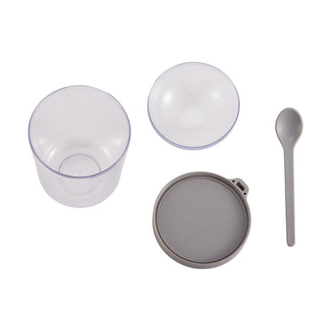 Kmart Breakfast To Go Container four parts shows lid, two containers spoon