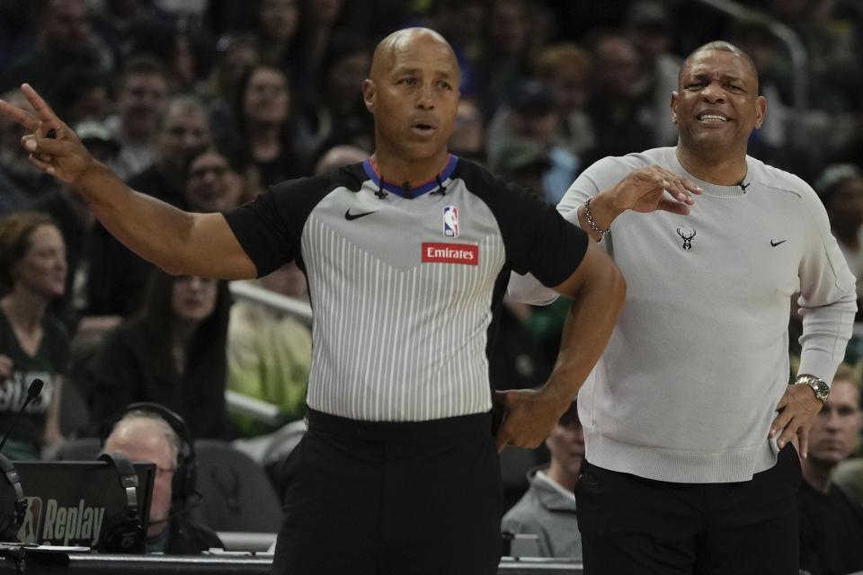 Milwaukee Bucks head coach Doc Rivers reacts to a call during the first half of an NBA basketball game Tuesday, April 9, 2024, in Milwaukee. (AP Photo/Morry Gash)