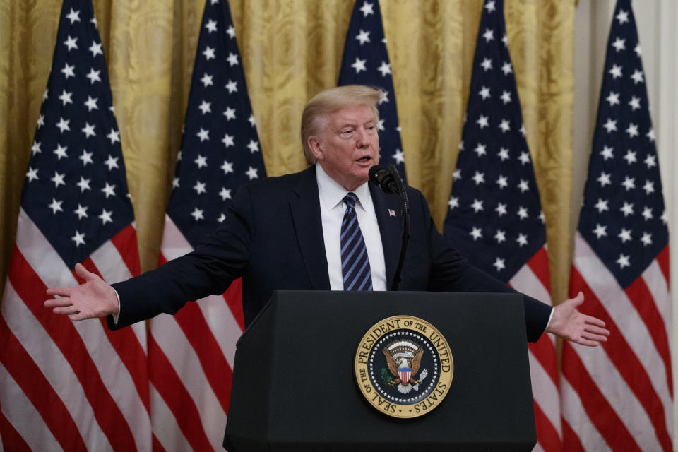 President Donald Trump speaks about protecting seniors, in the East Room of the White House, Thursday, April 30, 2020, in Washington. (AP Photo/Alex Brandon)