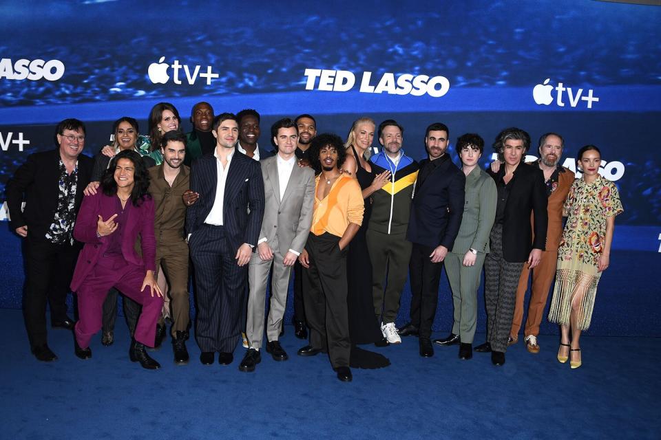 LOS ANGELES, CALIFORNIA - MARCH 07: Jeremy Swift, Cristo Fernández, Ambreen Razia, Stephen Manas, Ellie Taylor, Phil Dunster, Moe Jeudy-Lamour, Toheeb Jimoh, Billy Harris, Kola Bokinni, Moe Hashim, Hannah Waddingham, Jason Sudeikis, Brett Goldstein, Charlie Hisock, James Lance, Brendan Hunt and Jodi Balfour arrives at the Apple Original Series "Ted Lasso" Season 3 Red Carpet Premiere Event at Westwood Village Theater on March 07, 2023 in Los Angeles, California. (Photo by Steve Granitz/FilmMagic)