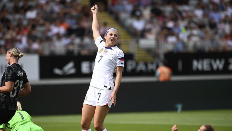 Ashley Hatch of the U.S., center, celebrates after scoring against New Zealand during a women’s international soccer friendly game in Auckland, New Zealand, Saturday, Jan. 21, 2023. The former BYU star is hoping to earn a roster spot on this year’s U.S. World Cup team.