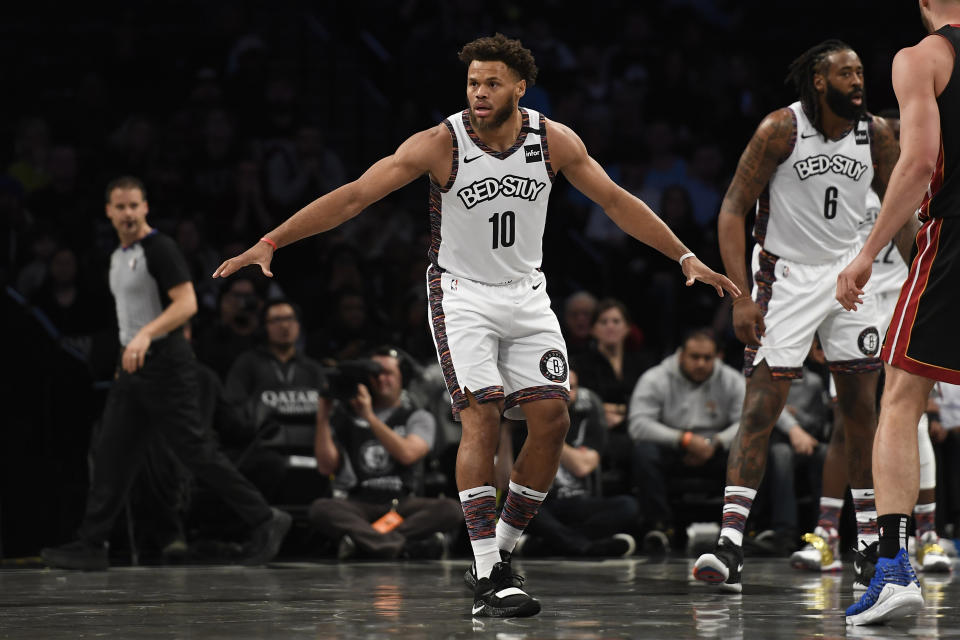 NEW YORK, NEW YORK - JANUARY 10: Justin Anderson #10 of the Brooklyn Nets defends during the first half of the game against the Miami Heat at Barclays Center on January 10, 2020 in the Brooklyn borough of New York City. NOTE TO USER: User expressly acknowledges and agrees that, by downloading and or using this photograph, User is consenting to the terms and conditions of the Getty Images License Agreement. (Photo by Sarah Stier/Getty Images)