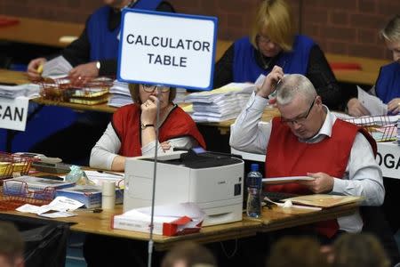 Tellers count ballots in the Northern Ireland assembly elections, in Ballymena, Northern Ireland March 3, 2017. REUTERS/Clodagh Kilcoyne