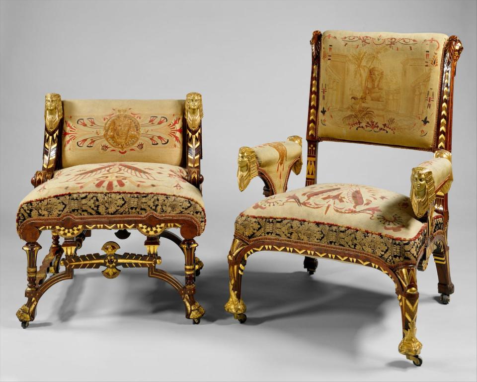 Armchair featuring Egyptian-inspired designs, attributed to Pottier and Stymus Manufacturing Company ca. 1870–75. <a href="https://www.metmuseum.org/art/collection/search/237" rel="nofollow noopener" target="_blank" data-ylk="slk:The Metropolitan Museum of Art;elm:context_link;itc:0;sec:content-canvas" class="link ">The Metropolitan Museum of Art</a>