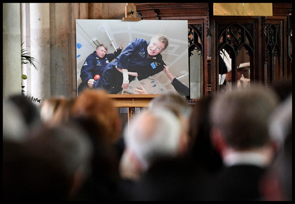 <p>A photo of Professor Stephen Hawking is displayed during his funeral service at the University Church of St Mary the Great in the center of Cambridge, England on March 31, 2018. (Photo: Andrew Parsons/i-Images via ZUMA Press) </p>