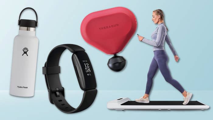 A Hydro Flask water bottle, Fitbit Inspire 2, Theragun Mini and WalkingPad folding treadmill