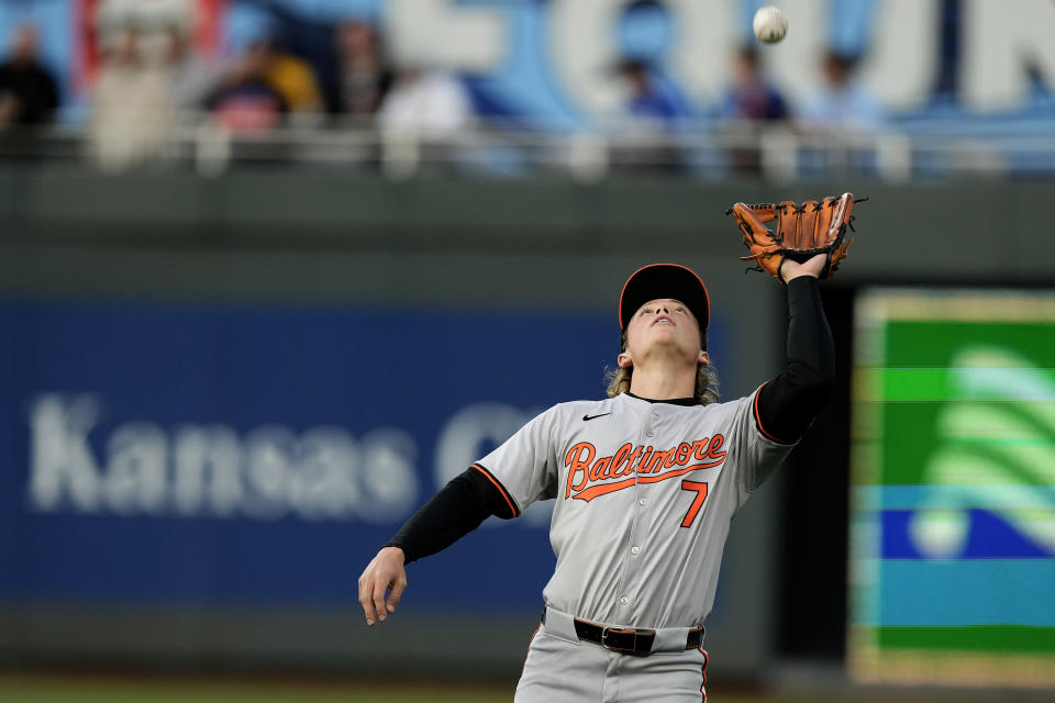 Baltimore Orioles second baseman Jackson Holliday catches a fly ball for the out on Kansas City Royals' Hunter Renfroe during the third inning of a baseball game Friday, April 19, 2024, in Kansas City, Mo. (AP Photo/Charlie Riedel)