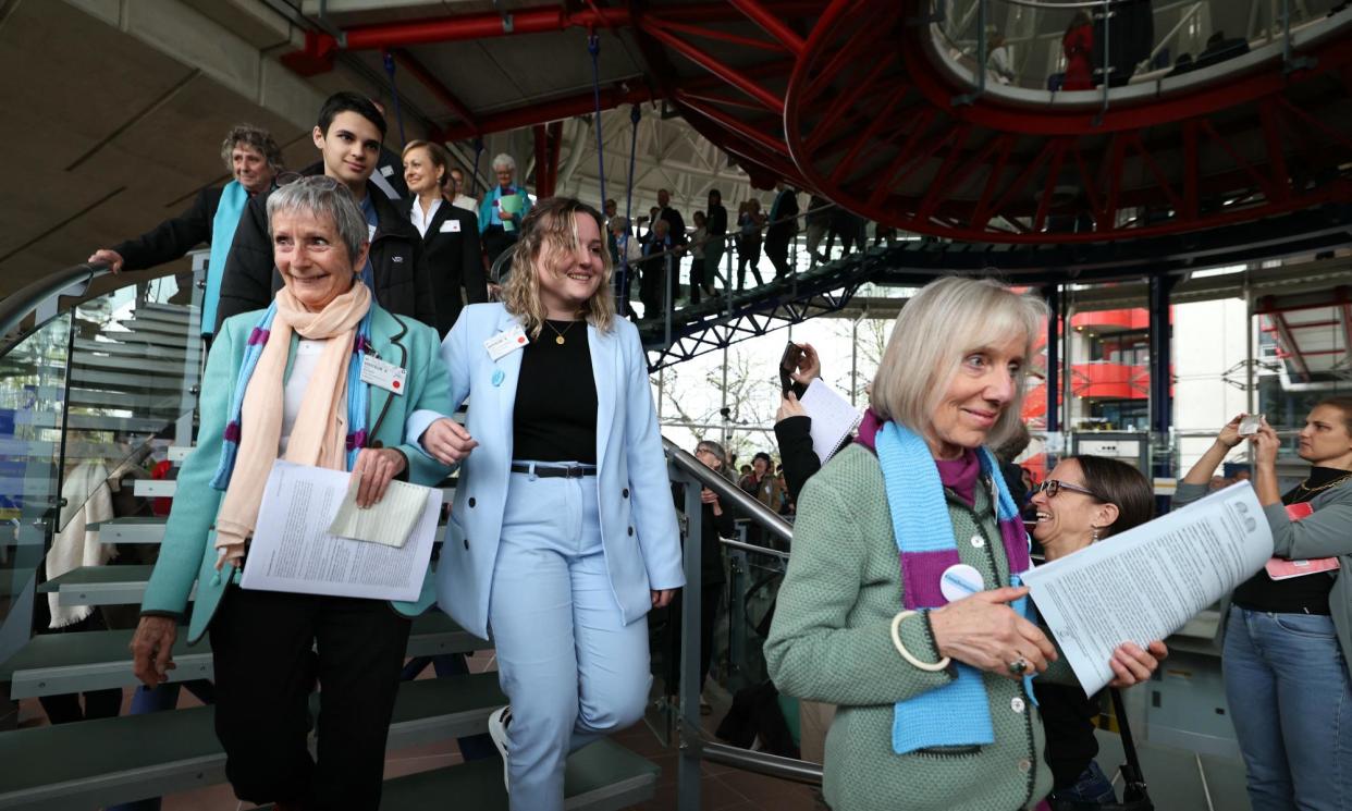 <span>Members of the Swiss group Senior Women for Climate Protection after the announcement of the Strasbourg court’s decisions on Tuesday.</span><span>Photograph: Frederick Florin/AFP/Getty Images</span>