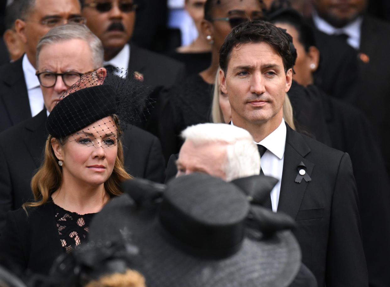 LONDON, ENGLAND - SEPTEMBER 19: Sophie Trudeau and Justin Trudeau during the State Funeral of Queen Elizabeth II at Westminster Abbey on September 19, 2022 in London, England. Elizabeth Alexandra Mary Windsor was born in Bruton Street, Mayfair, London on 21 April 1926. She married Prince Philip in 1947 and ascended the throne of the United Kingdom and Commonwealth on 6 February 1952 after the death of her Father, King George VI. Queen Elizabeth II died at Balmoral Castle in Scotland on September 8, 2022, and is succeeded by her eldest son, King Charles III. (Photo by Karwai Tang/WireImage)