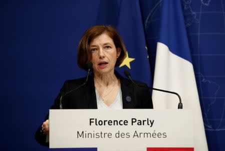 French Defence Minister Florence Parly takes part in a news conference after two French soldiers were killed in a rescue operation of four hostages in Burkina Faso, at the headquarters of the French Armed Forces in Paris, France, May 10, 2019. REUTERS/Benoit Tessier