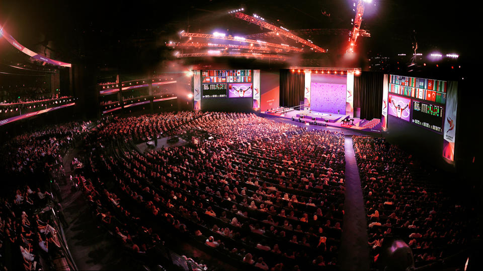 <p>Weightlifting at Microsoft Theater is shown in this Downtown Sports Park rendering. (Photo: Courtesy LA 2024) </p>