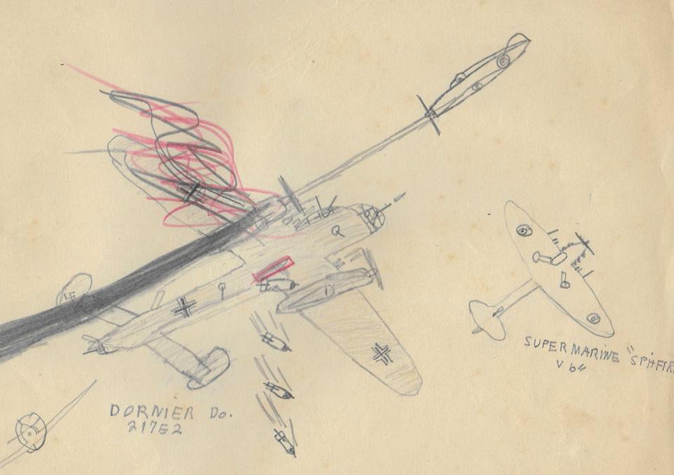 Sketch of imagined wartime battle scene from the Wilbur Jones’s desk in Forest Hills School.